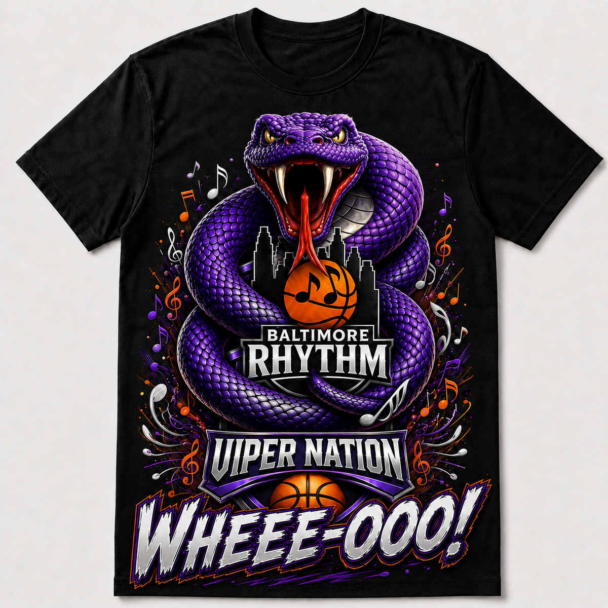 Viper Nation Wheee-Ooo Purple Edition T-Shirt with purple viper and Baltimore Rhythm basketball music theme