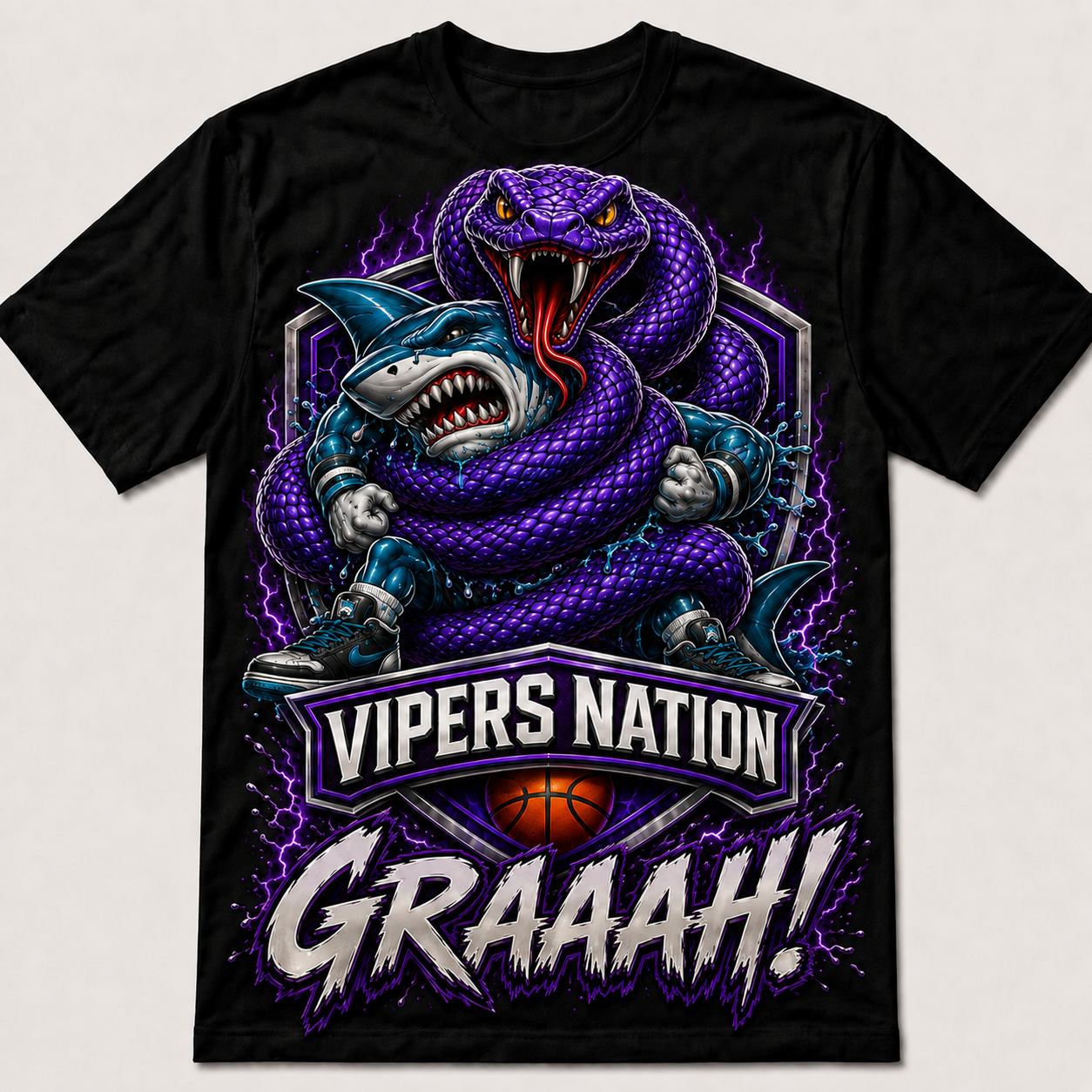 Vipers Nation Graaah T-Shirt with purple viper coiling around a teal shark mascot with purple lightning