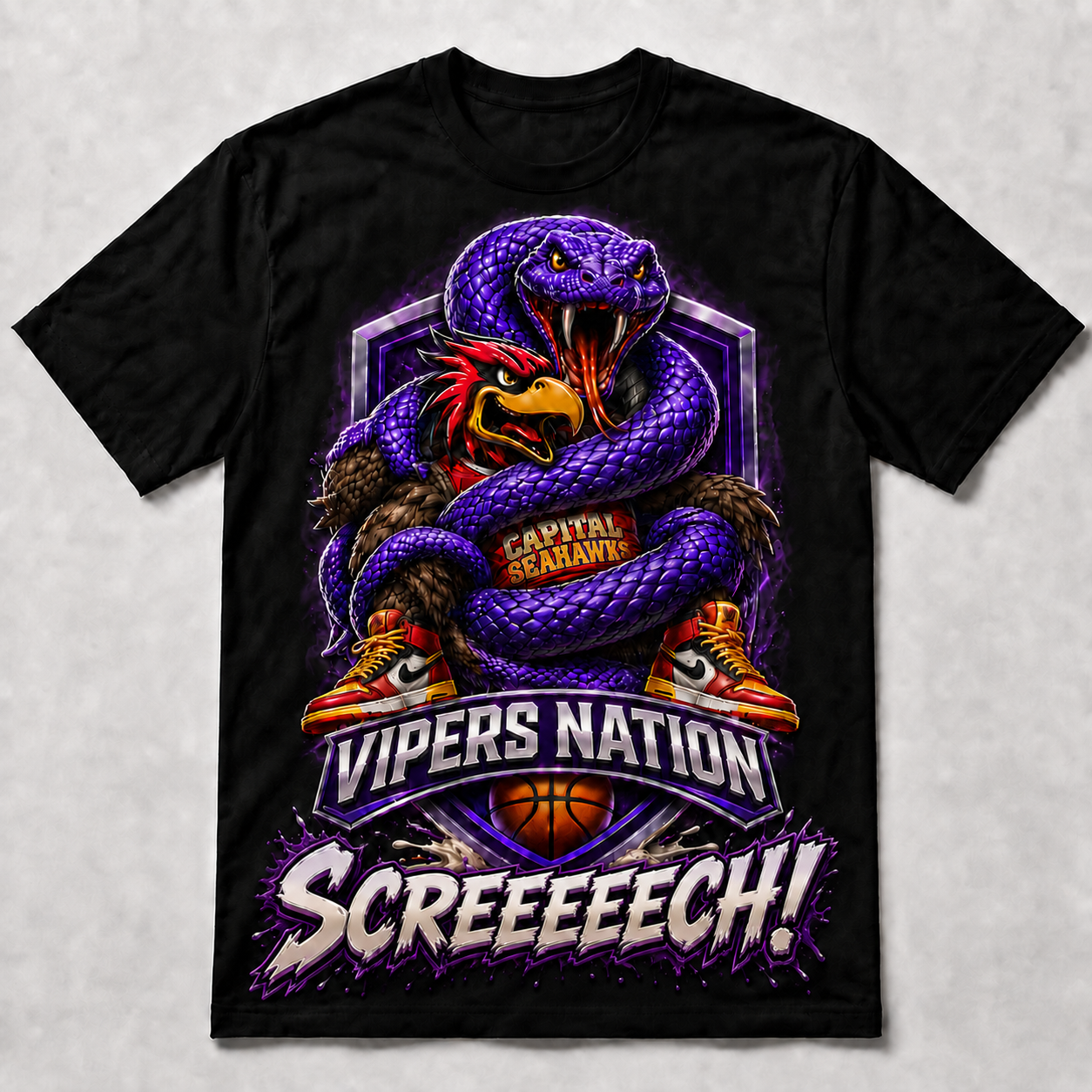 Vipers Nation Screeeeech T-Shirt featuring a purple viper coiling around a bird mascot with basketball