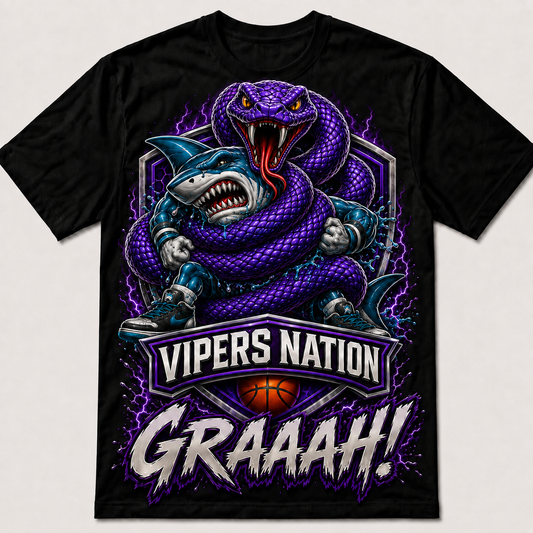 Vipers Nation Graaah T-Shirt with purple viper coiling around a teal shark mascot with purple lightning