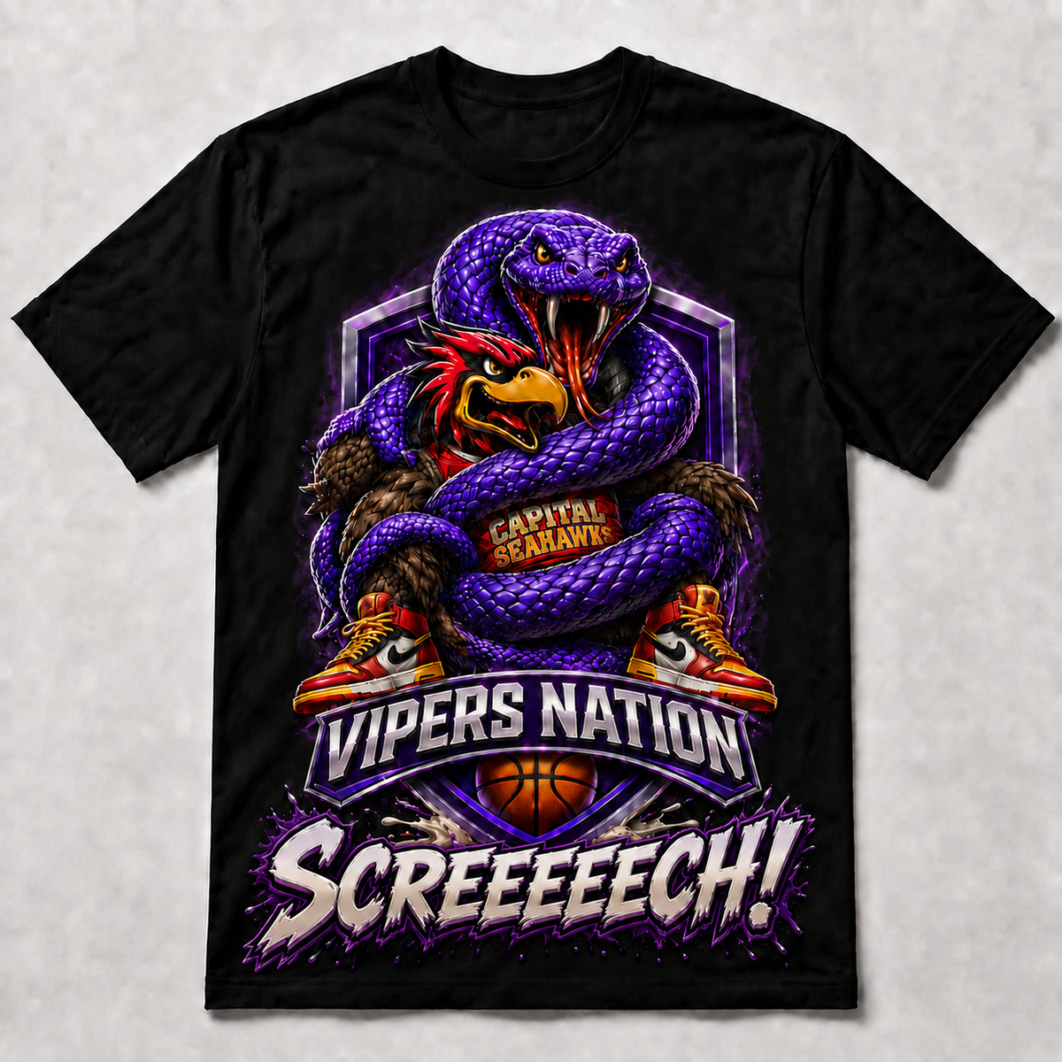 Vipers Nation Screeeeech T-Shirt featuring a purple viper coiling around a bird mascot with basketball
